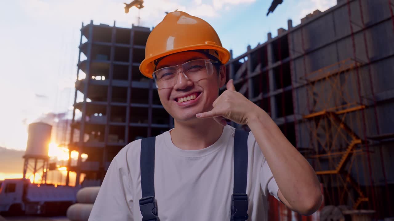 hombre asiático trabajador haciendo llamarme gesto a la cámara en el sitio de construcción