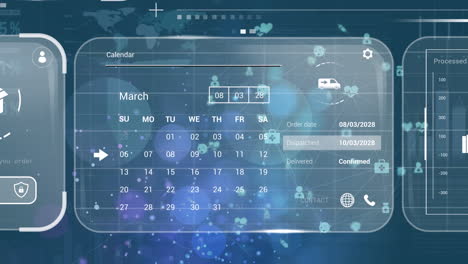 Animation-of-graphs,-icons,-map-over-connected-icons-globe-against-infographic-interface