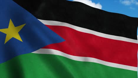 south sudan flag waving in the wind, blue sky background. 4k