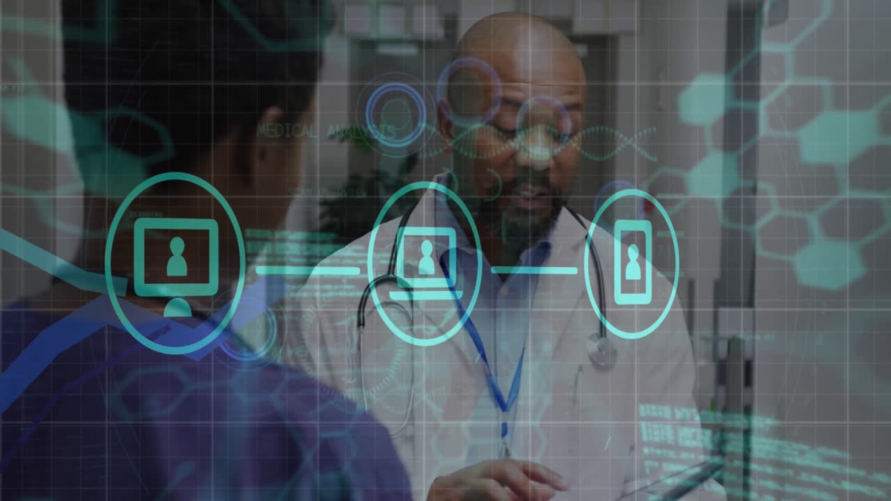 Animation of media icons and medical data over african american female and male doctor in discussion