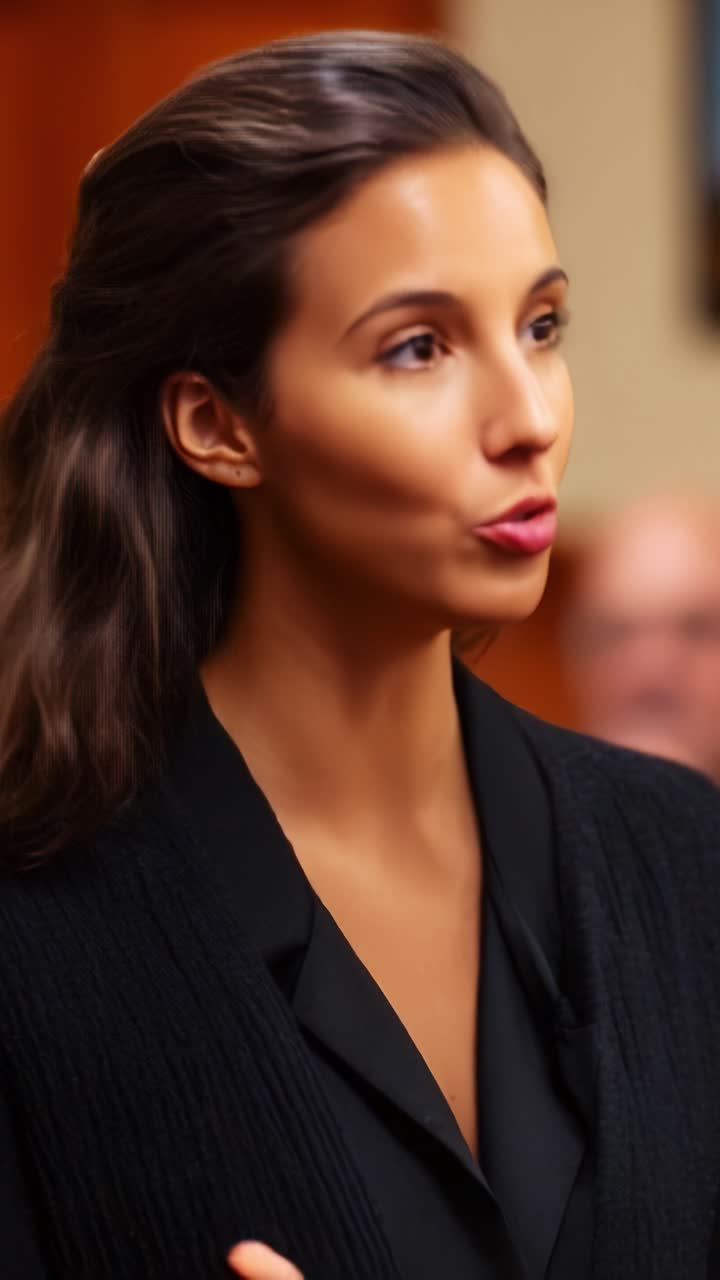 A confident speaker delivers compelling arguments in a courtroom setting, captivating the audience's attention and engaging in persuasive communication