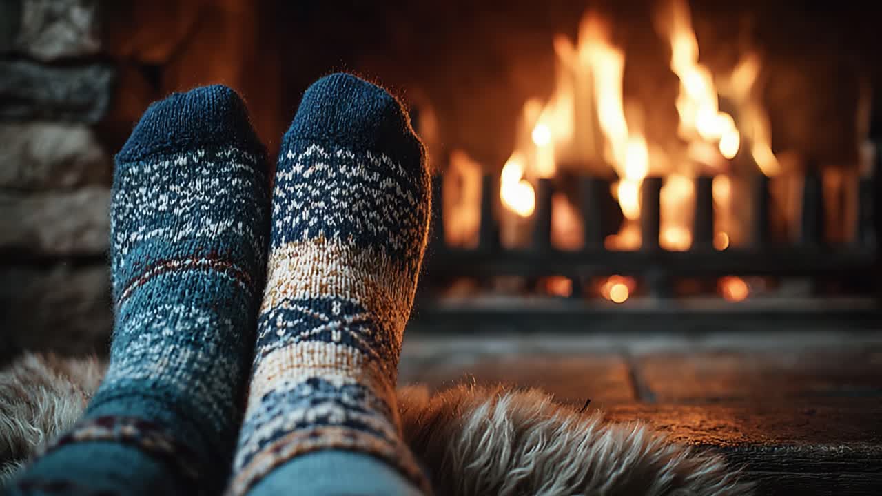 Cozy Feet by the Warm Fireplace: A Relaxing Moment to Enjoy the Comfort of Hand-knit Socks while the Fire Crackles and Provides Gentle Warmth