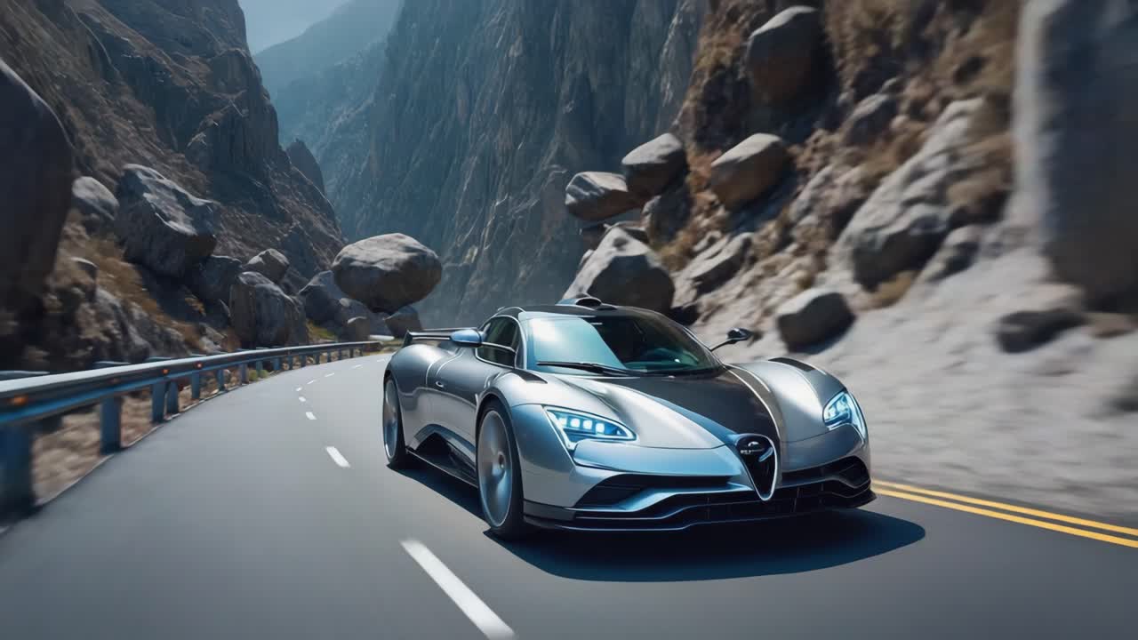 Sleek Sports Car Driving Through a Mountain Canyon