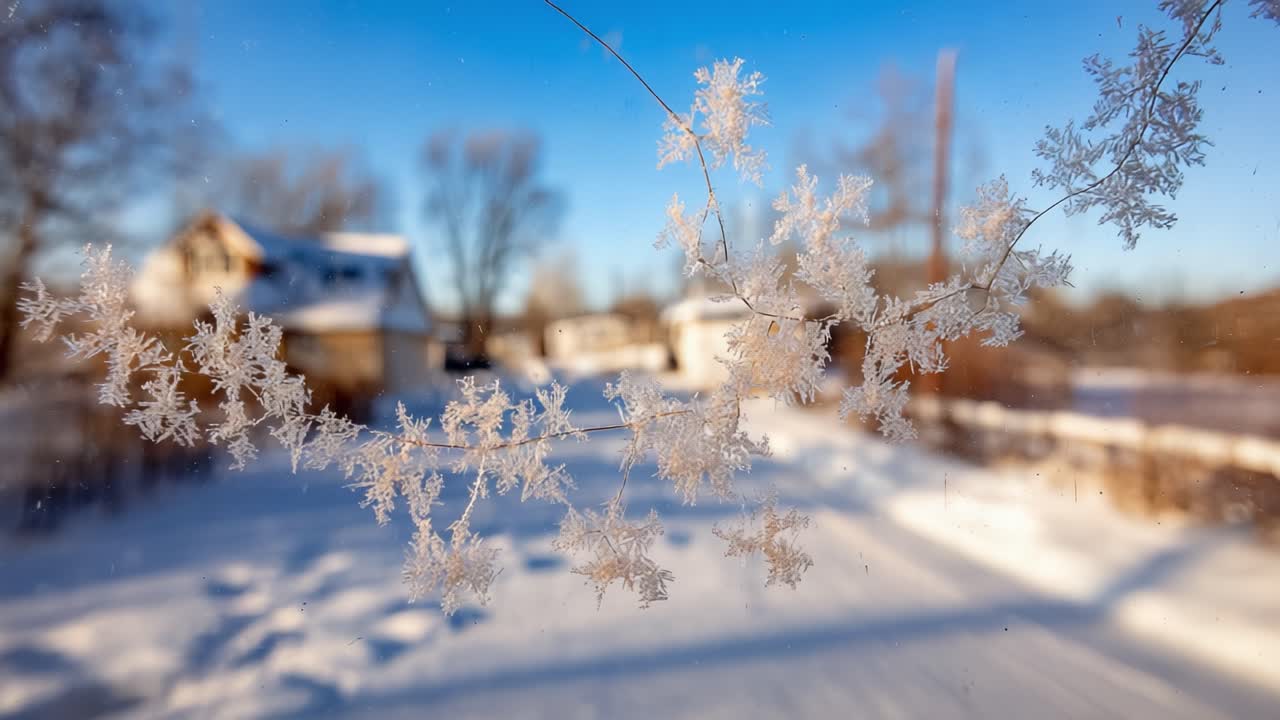 A Close-Up of Delicate Snowflakes on a Window Pane Overlooking a Winter Wonderland Landscape, Capturing the Essence of a Serene Cold Day