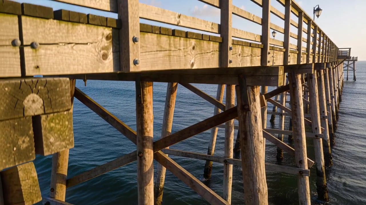 Panning camera revealing weathered pier pilings, deck over calm ocean at late-afternoon, with lamp