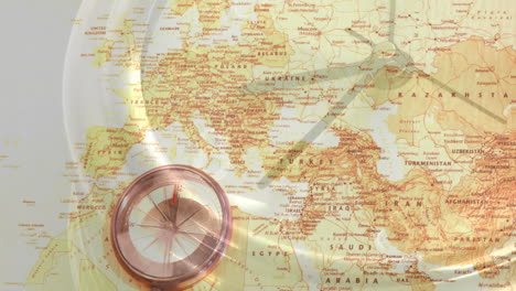 compass on map showing europe and surrounding regions with detailed animation