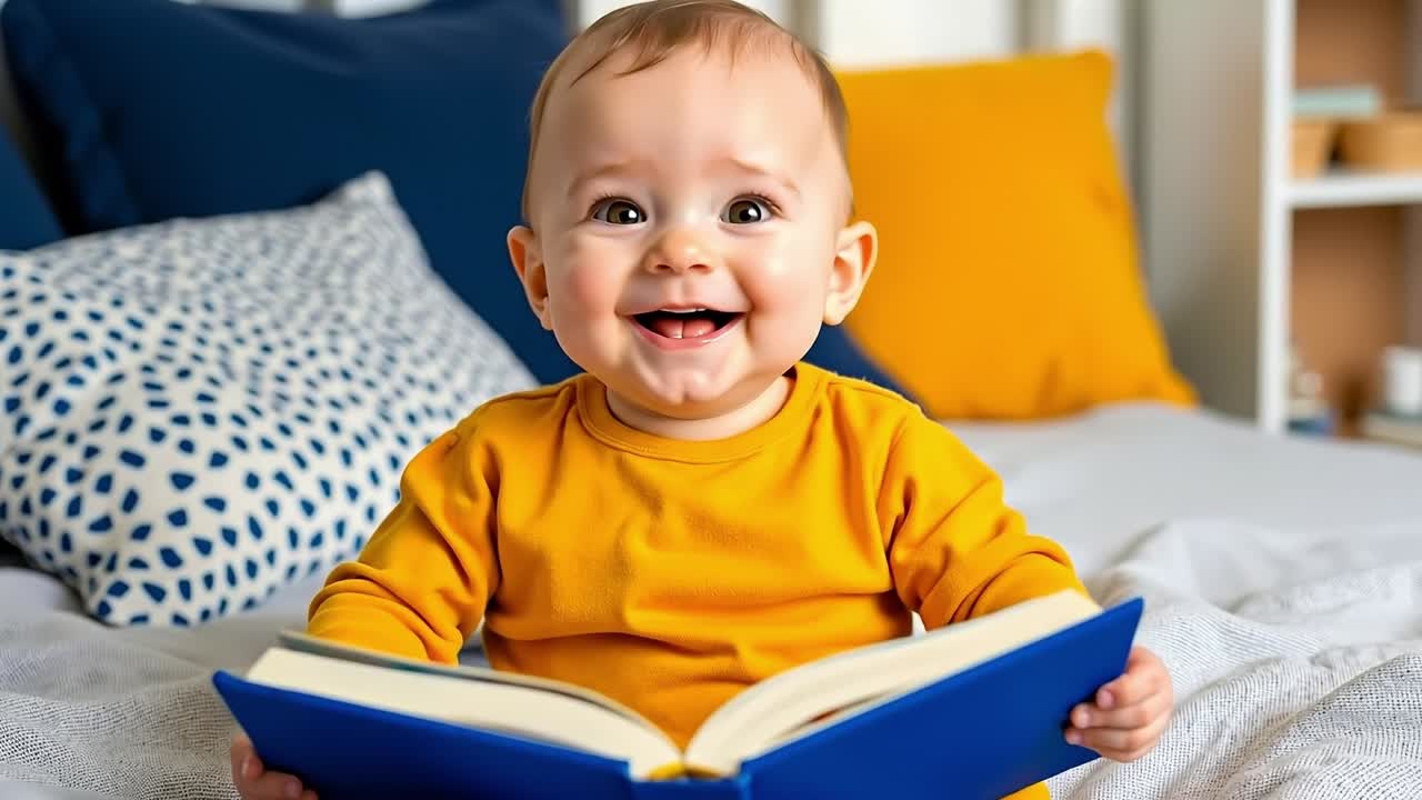 Un bambino seduto su un letto che legge un libro