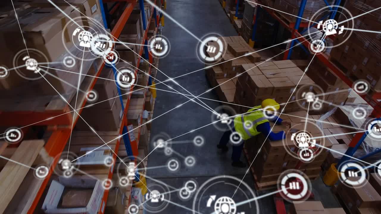 Aisle view showing supervisor guiding worker as network icons animating, marking box workflow