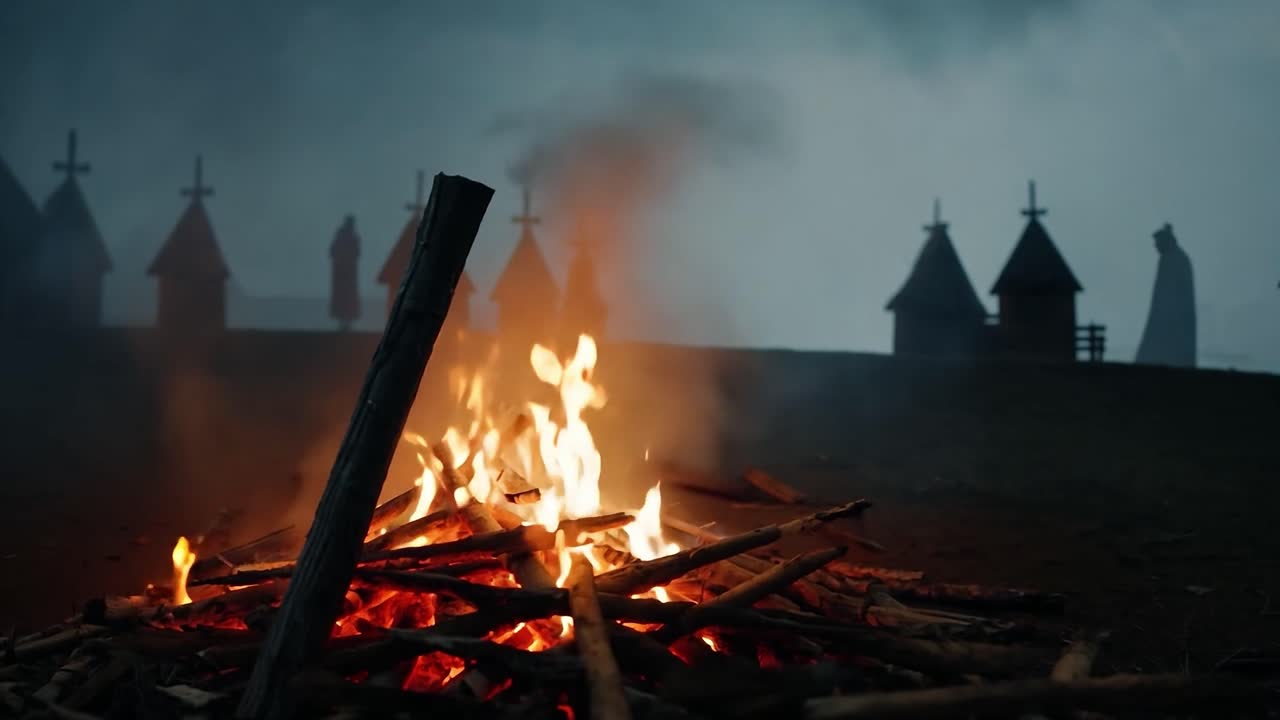 fuego de campamento en el bosque con siluetas espeluznantes y cruces