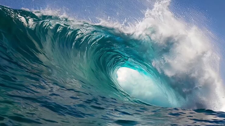 Dynamic video shot of a massive ocean wave curling, captured from a low angle