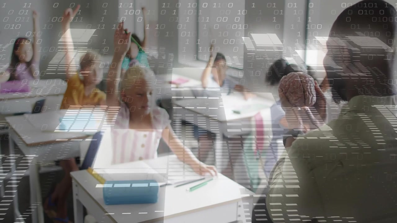 Teacher Explaining Brain Anatomy to Students with Digital Overlay