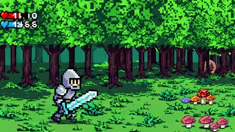 pixelated warrior knight advancing through verdant forest, menacingly approaching hidden troll lurking behind dense woodland trees in classic 8 bit animation style