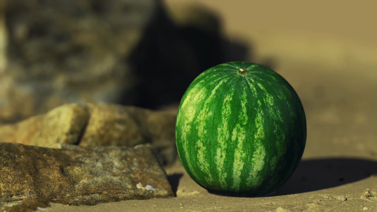 Fresh watermelon resting on rocky surface under bright sunlight near beach