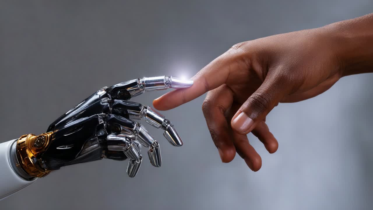 The Moment of Connection: An Artistic Representation of Humanity and Technology as a Robotic Hand Reaches Out to Touch a Human Hand, Creating a Spark of Light Signifying Unity and Innovation