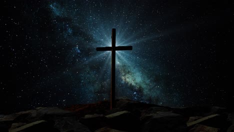 crucifijo 4k en rocas con fondo de vía láctea