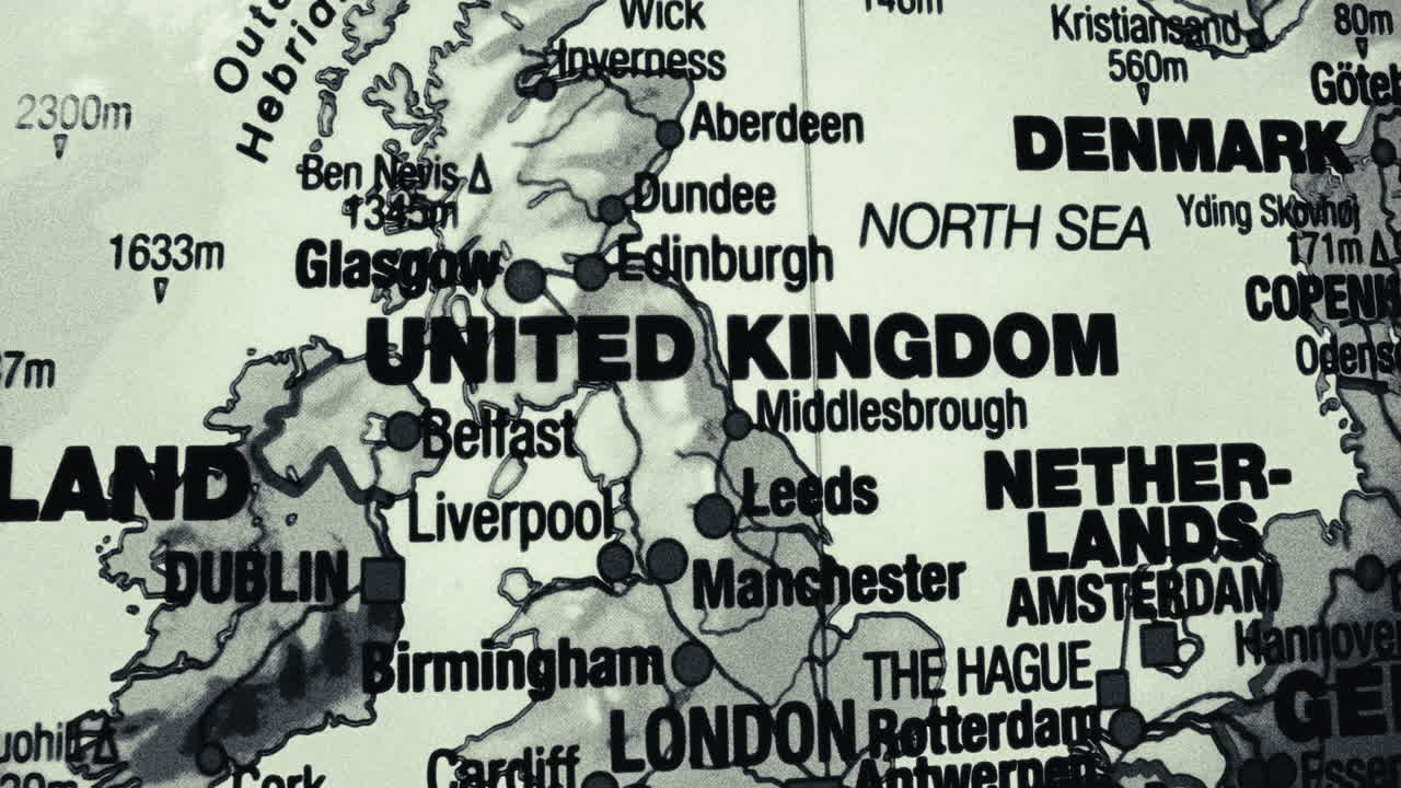 Close-up of a map showing the United Kingdom and neighboring European countries