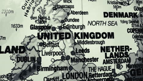 close-up of a map showing the united kingdom and neighboring european countries