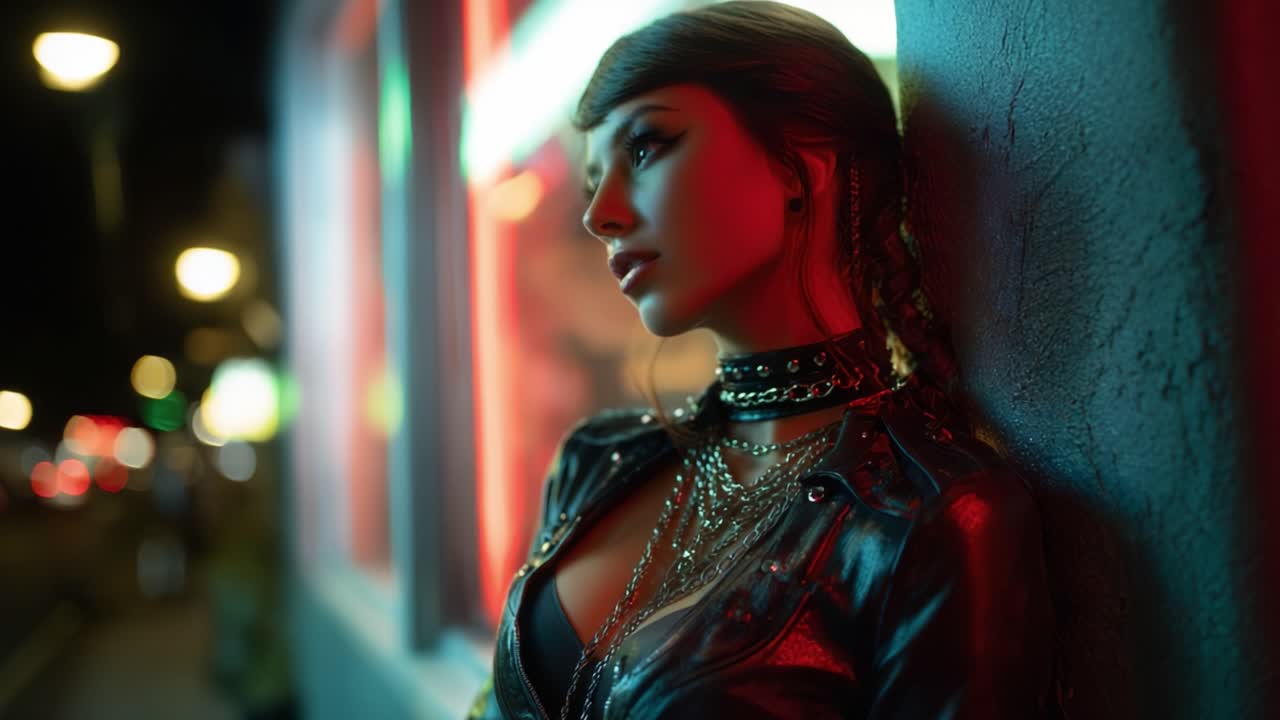 Una figura accattivante in una posa audace, adornata con gioielli intricati e abbigliamento in pelle elegante, immersa in vivaci luci al neon, che emana un fascino audace e tagliente