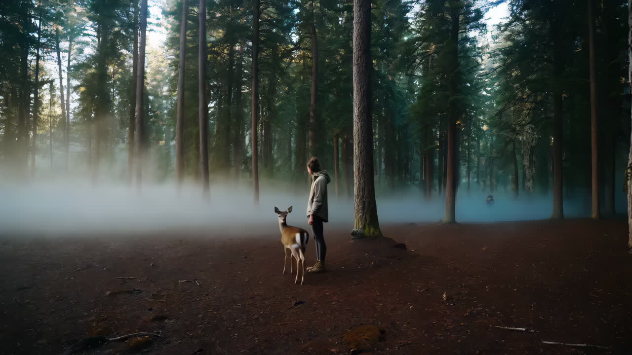 Woman and Deer in a Foggy Forest