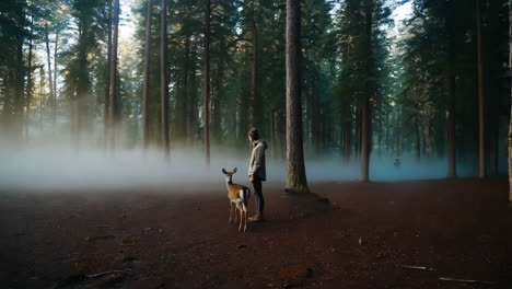 woman and deer in a foggy forest