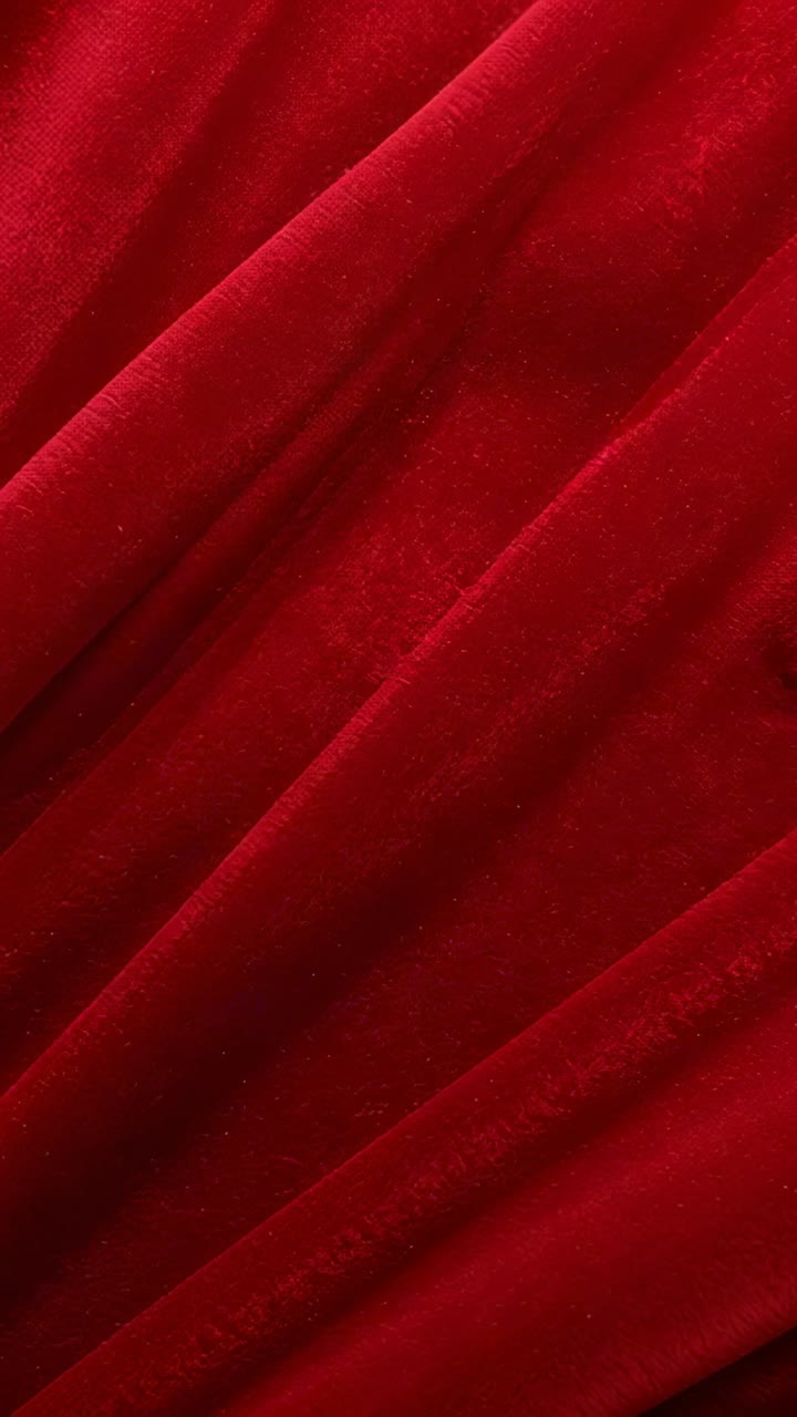 Video verticale: tessuto di velluto rosso che si sposta durante la panoramica della fotocamera in primo piano, con lanugine e barre nere