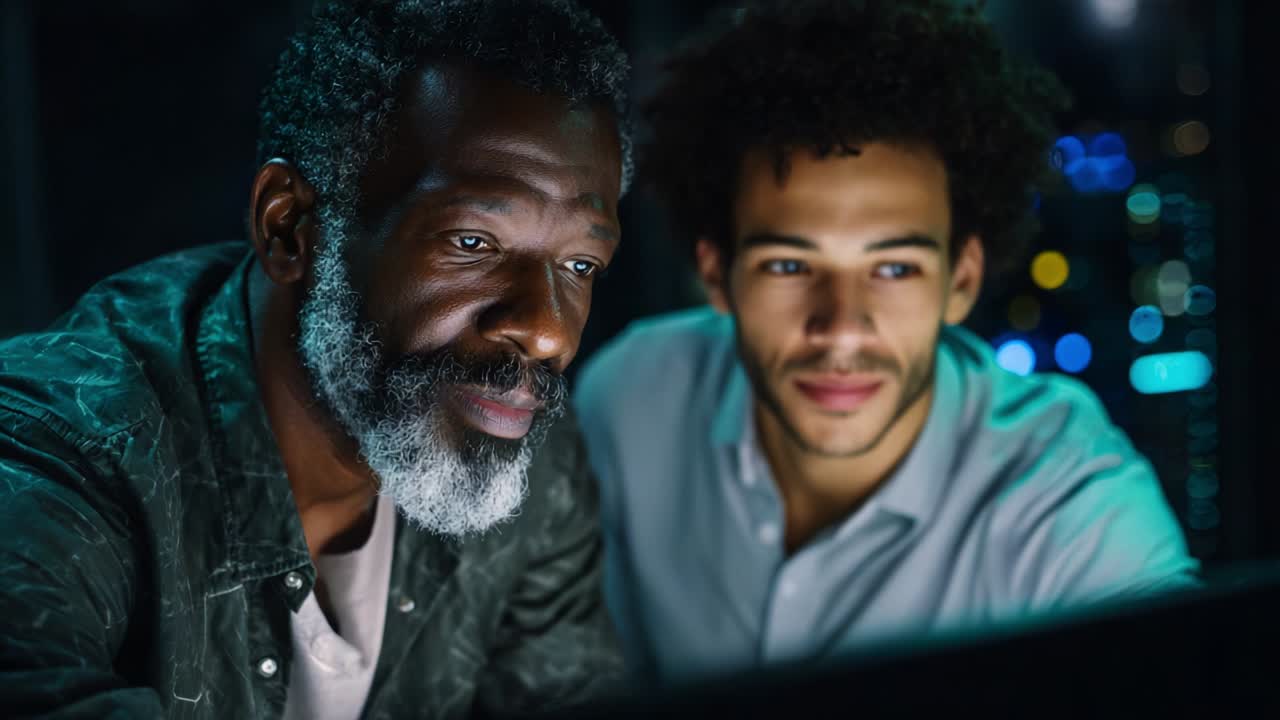 Two Individuals Engaged in a Collaborative Moment, Sharing Ideas and Insights While Looking at a Digital Screen, Surrounded by a Glowing Urban Environment Filled with Reflected Lights