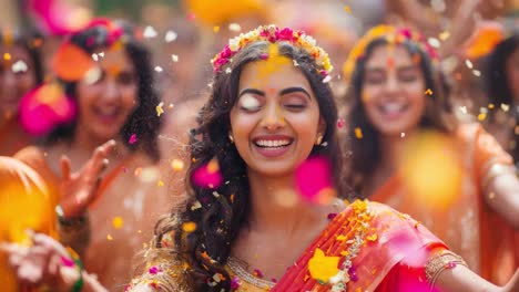 a joyful woman celebrating with falling flower petals