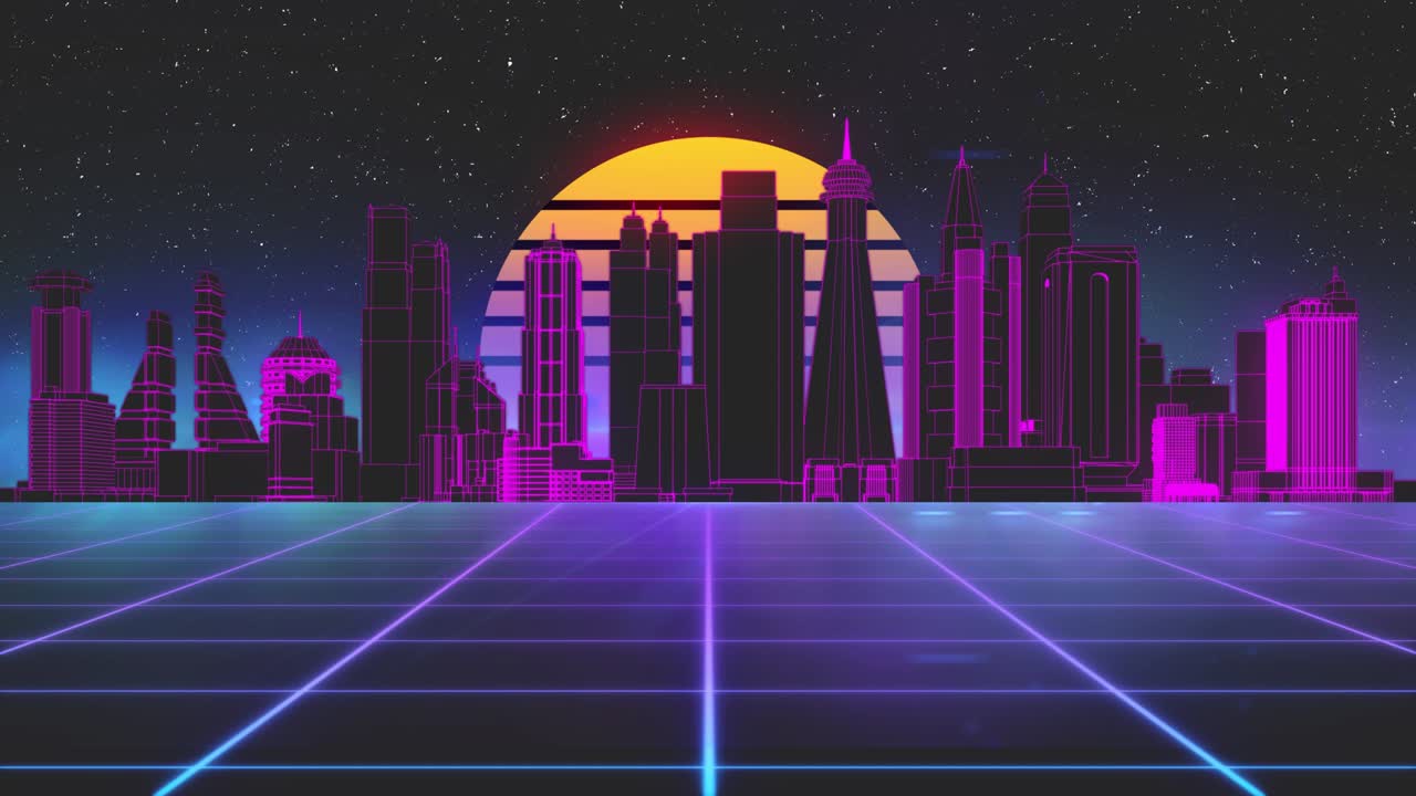 Stylized vintage 3D animation background with modern city, sun and glowing stars. 80s retro futuristic sci-fi seamless loop