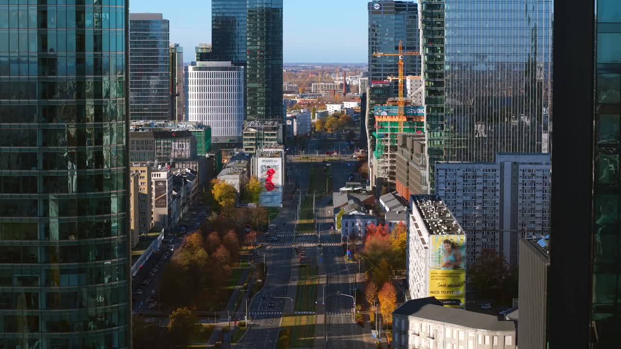 Prosta street Location, modern office buildings, aerial view