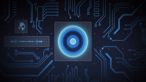 animation of scope scanning, processor elements and data processing on screens over grid