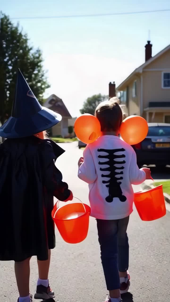 Two children dressed in Halloween costumes are walking down the street holding red buckets