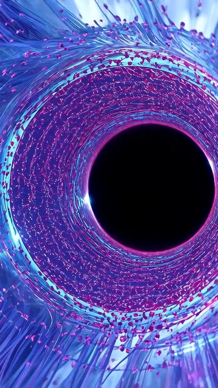 Vertical video: Zooming camera lit ring rotating in torus while dots sweeping to reveal black core