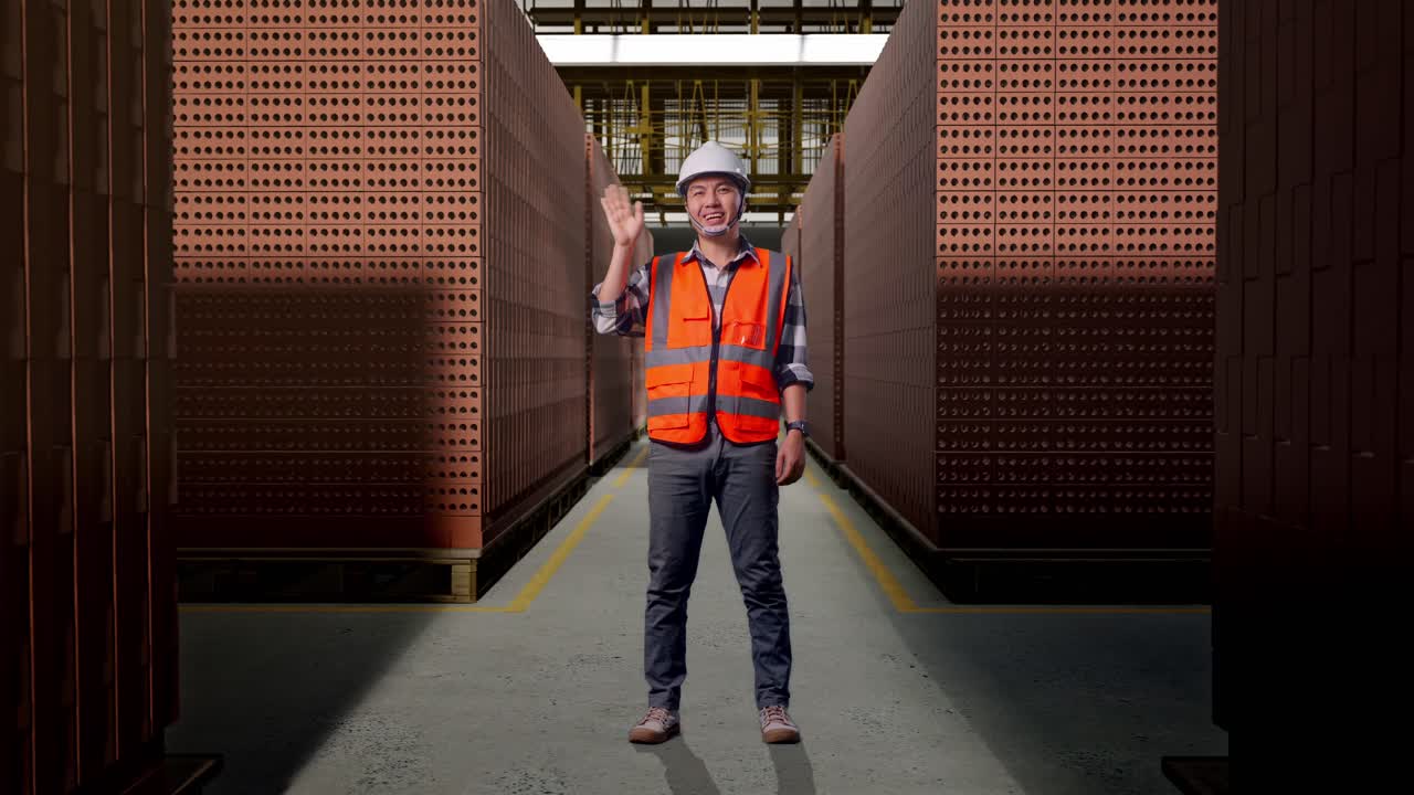 Full Body Of Asian Male Engineer With Safety Helmet Smiling To Camera And Waving Hand Saying Bye While Standing With Red Brick Packed in Stacks Are Stored