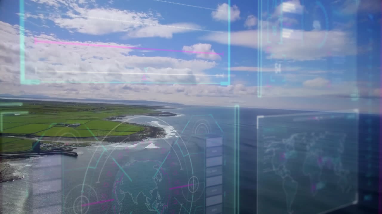 Animation overlaying digital data graphics on coastal landscape with ocean and fields