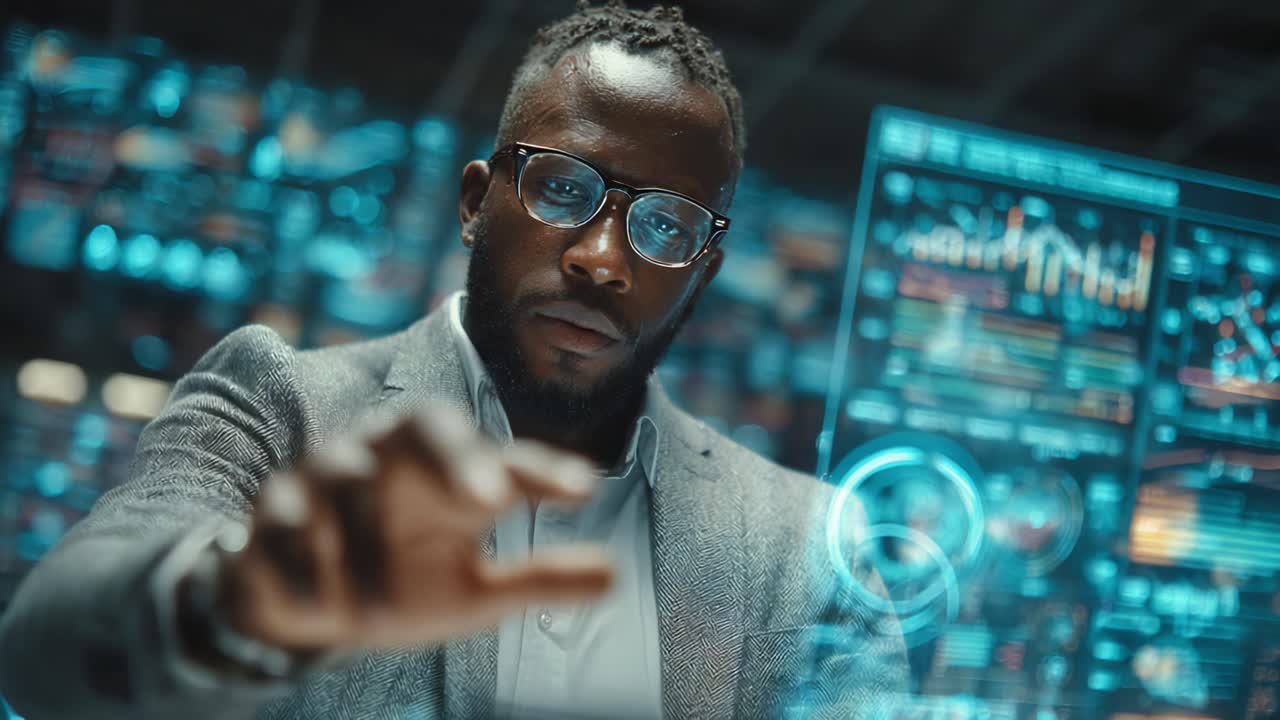 A focused individual manipulating digital data with advanced technology in a modern data-analysis environment, showcasing precision and innovation in analytics