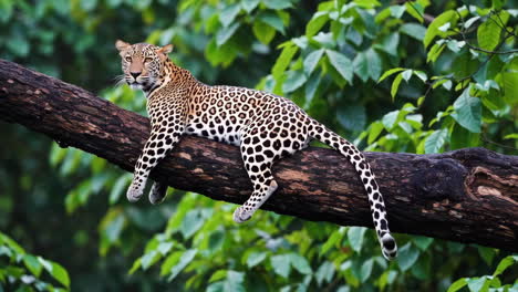 leopard resting on a tree branch in the jungle