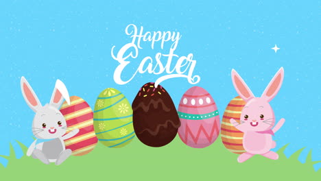 happy easter animated card with rabbits and eggs in the camp