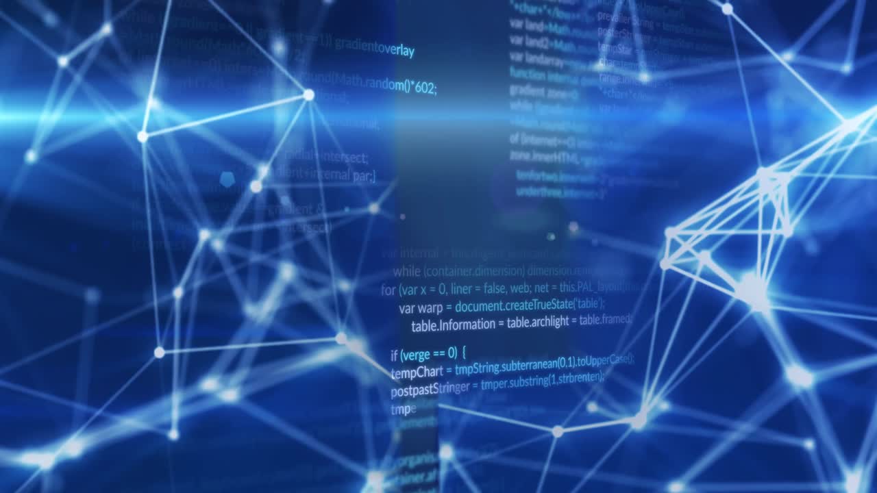 Animation of data processing and shapes on blue background