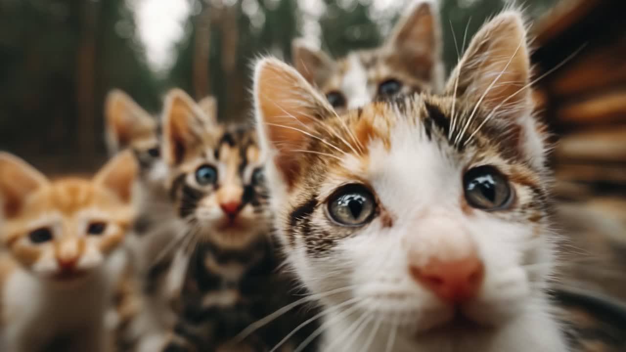 Un curioso gruppo di gattini che esplora il loro ambiente forestale, catturato in un commovente primo piano che mostra le loro personalità uniche e la loro natura giocosa