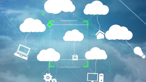 square scanner and multiple cloud icons over network of connections against clouds in blue sky