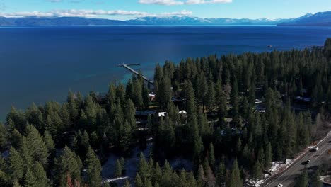 drone shot panning up of lake tahoe on a beautiful sunny day