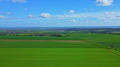 lush green agricultural fields in rural france during spring, cultivation, arable land, and distant village under blue sky, vibrant and vivid colors, copy space. aerial forward