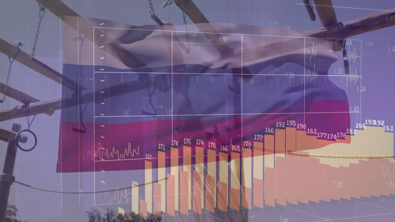 animación de procesamiento de datos sobre la bandera de rusia y soldado masculino caucásico