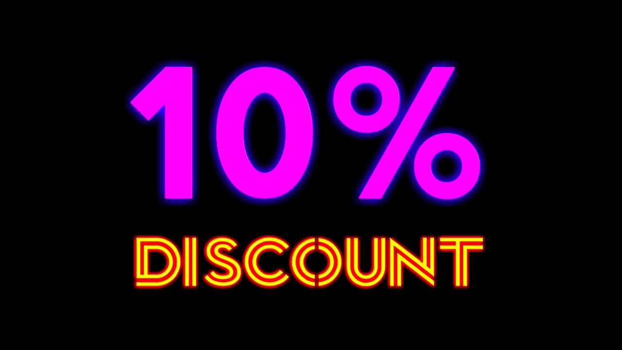 Scritta al neon: "10% di sconto" su sfondo nero. Black Friday, grande evento promozionale per negozi, attività commerciali, resort e bar.