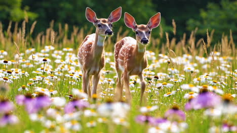 two fawns in a meadow of wildflowers