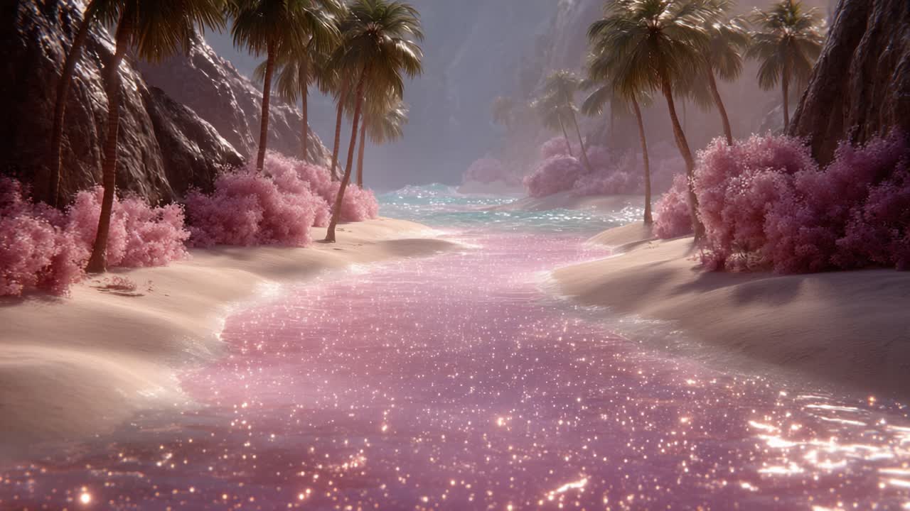 A serene and enchanting landscape depicting a shimmering pink river winding through lush palm trees and vibrant flora, creating a dreamlike atmosphere of tranquility and beauty