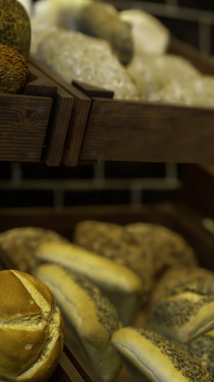 Freshly baked artisan bread displayed in a rustic bakery setting