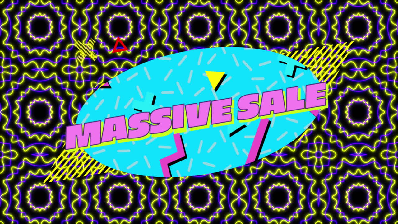 animación de texto de venta masiva sobre formas en fondo negro