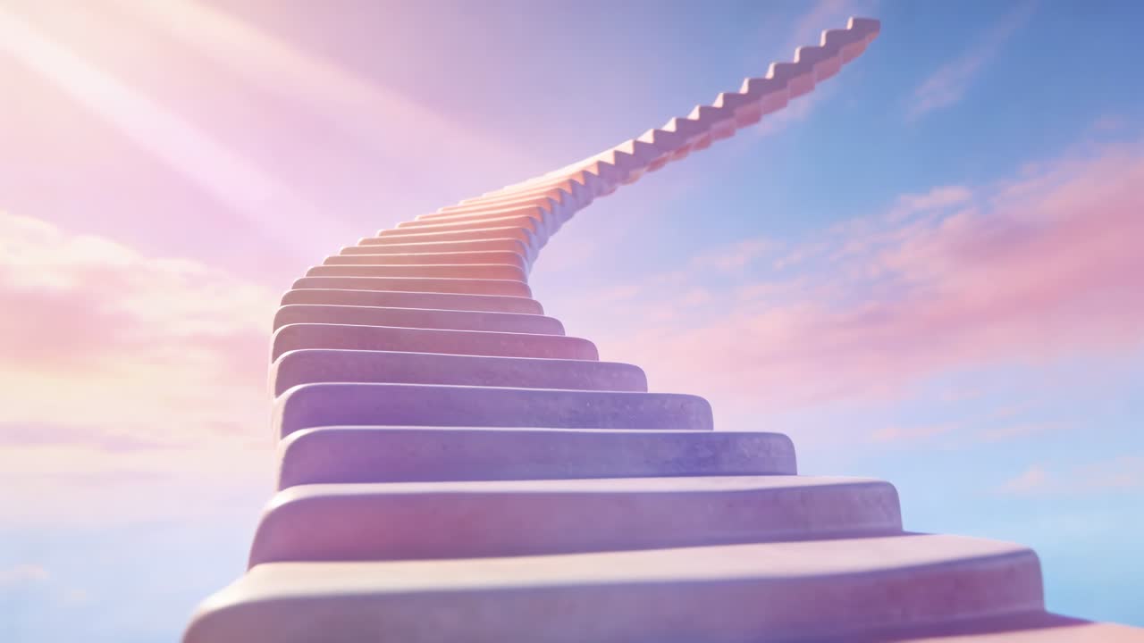 Ascending camera tracking spiral staircase in open sky, capturing sunbeams and pastel clouds