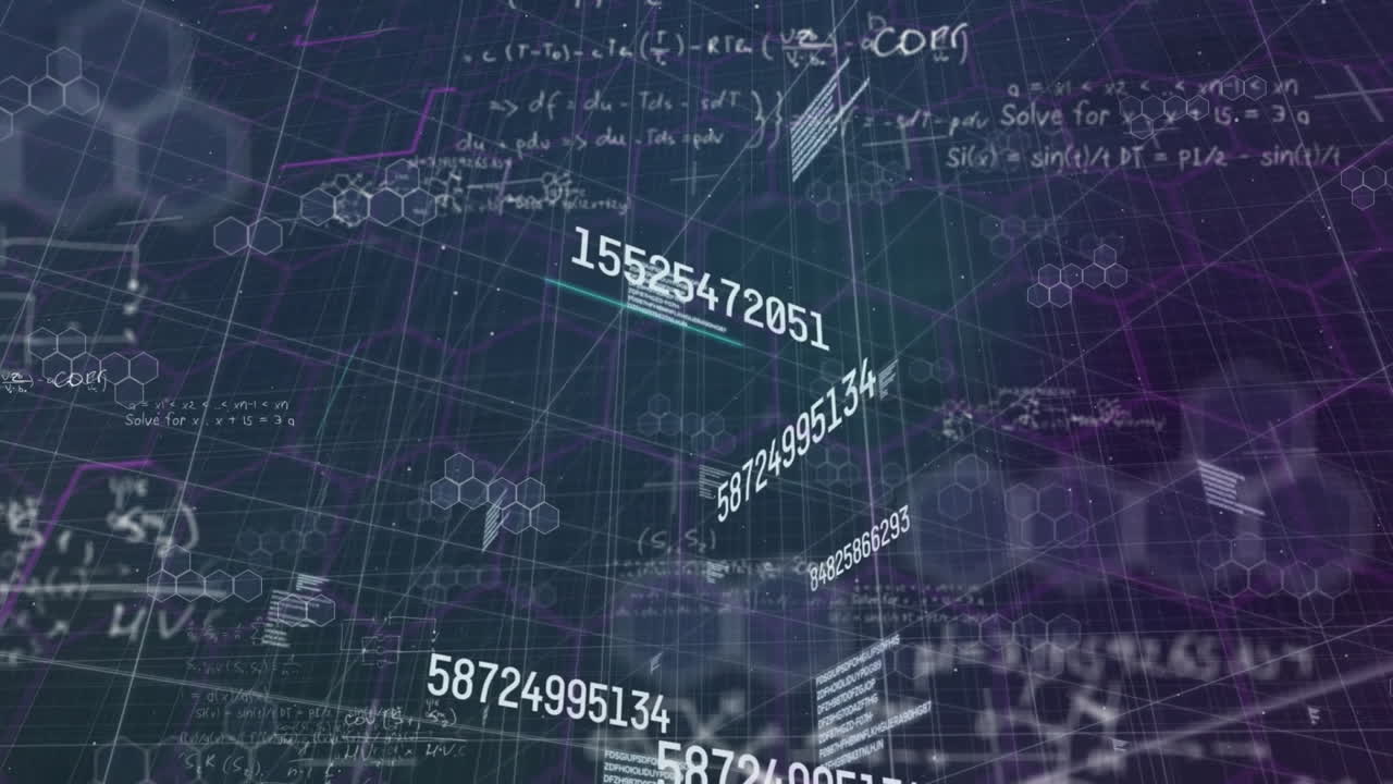 Animation of data processing and mathematical equations over shapes on black background